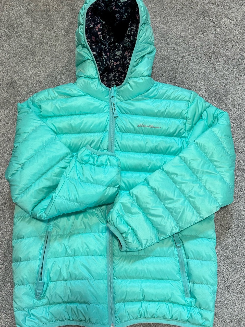 Eddie Bauer Teal/Navy Floral Reversible  Hooded Down Puffer Jacket